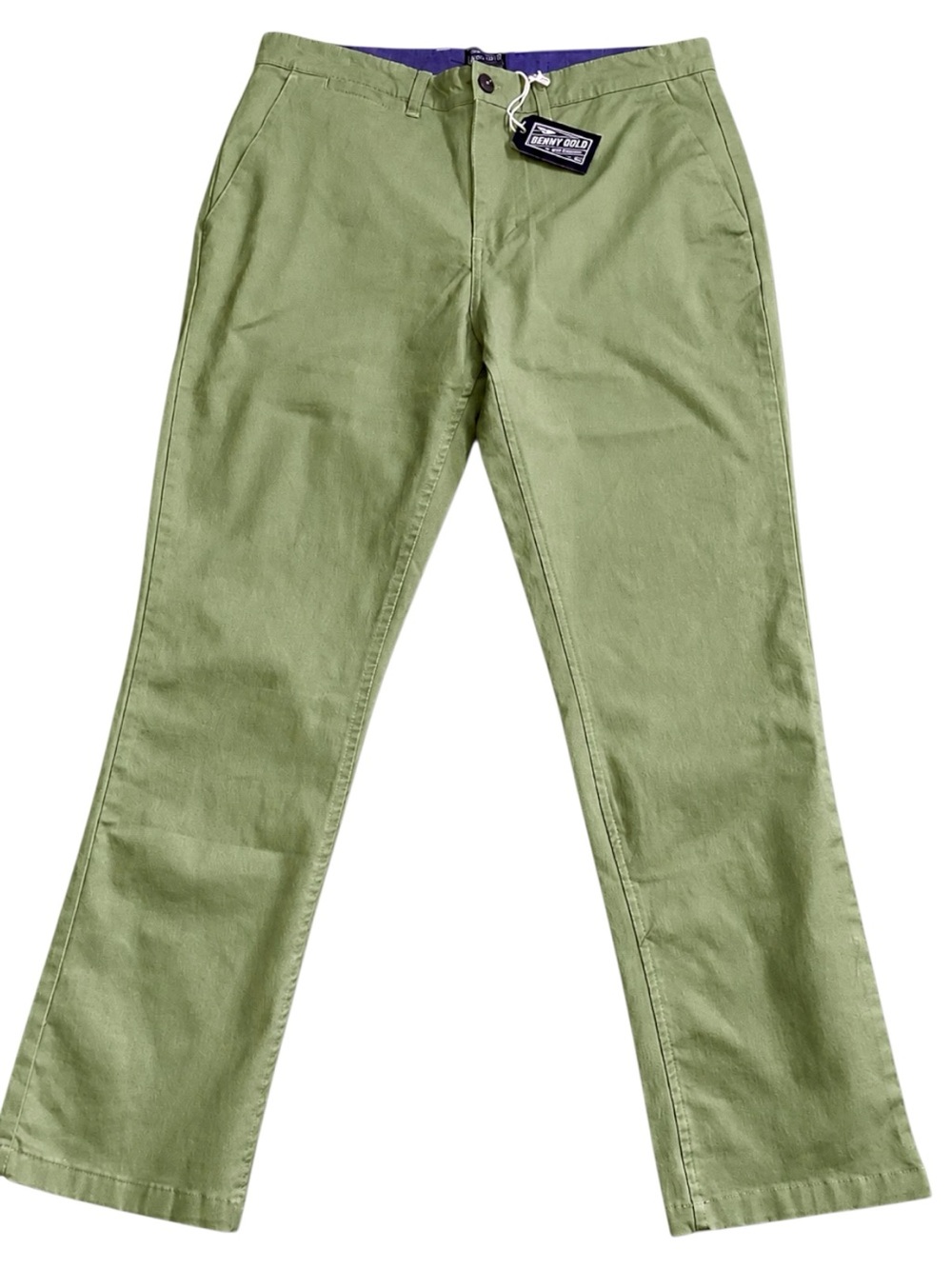 Benny Gold Sage Green Stretch Chino Pants 34 Slim Straight Cotton Twill NEW